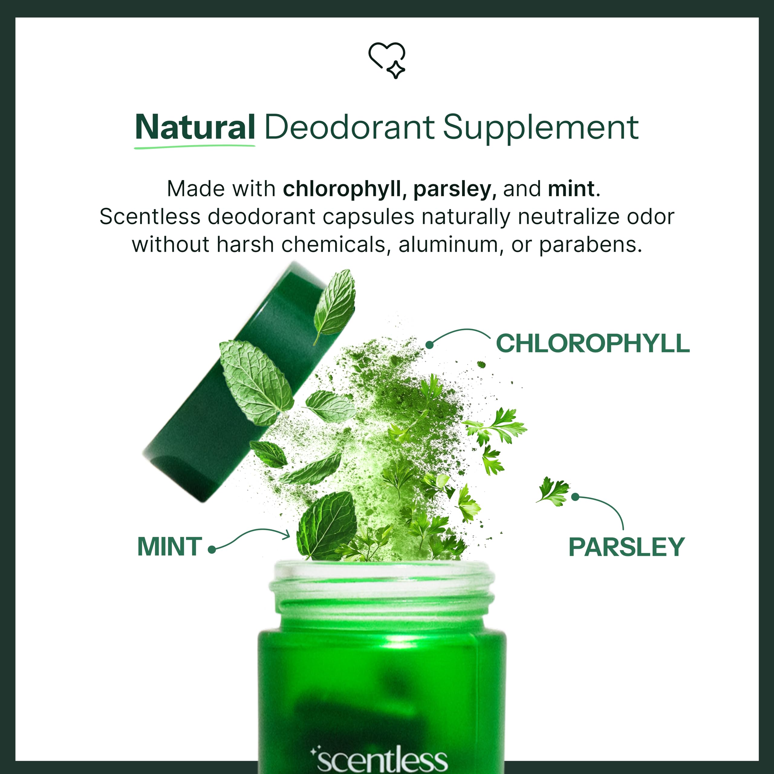 Scentless chlorophyll parsley mint capsules close-up emphasizing vegan formula