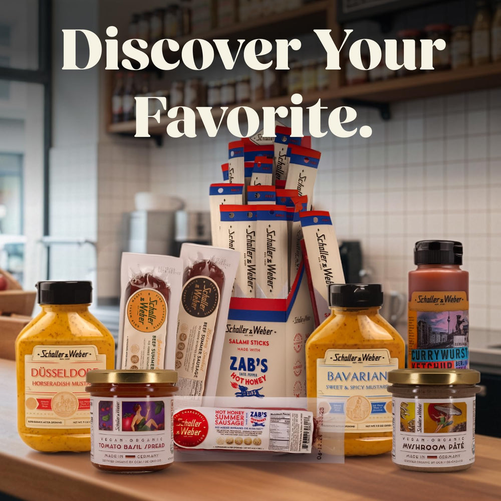 Schaller & Weber Bavarian Mustard 9oz squeeze bottle in use
