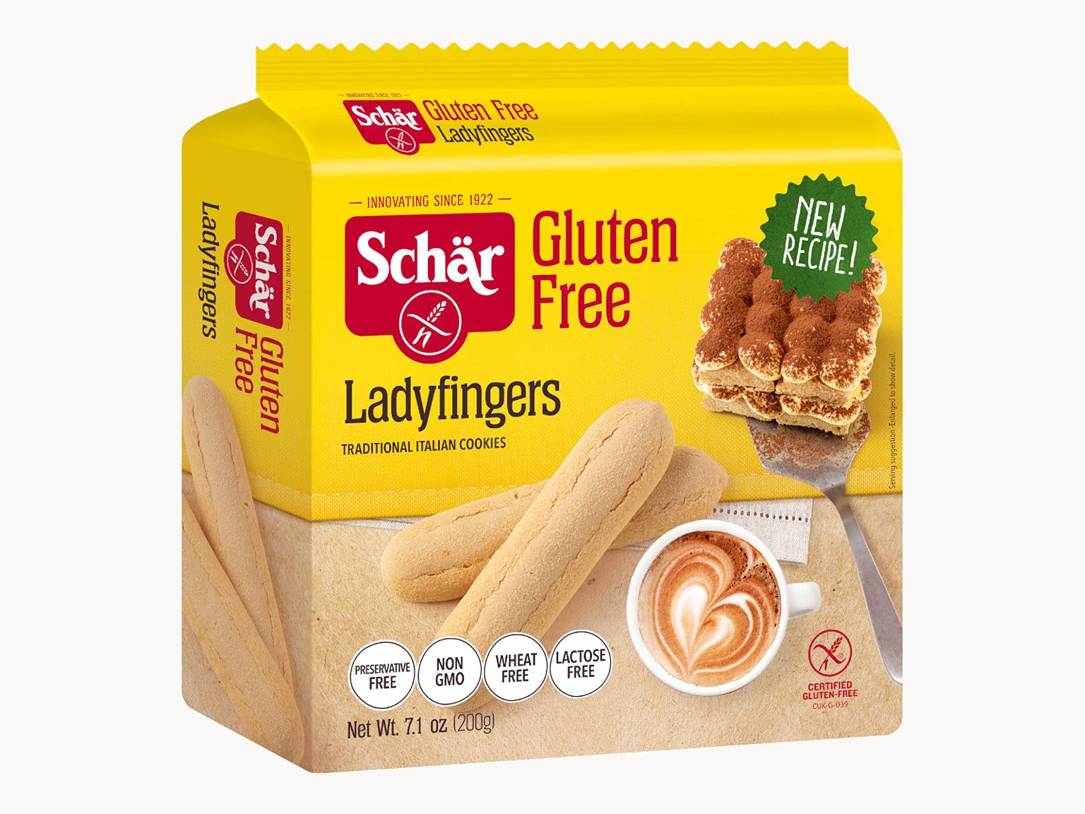 Schar Lady Fingers ingredients gluten-free banner emphasizes wheat-free qualities.
