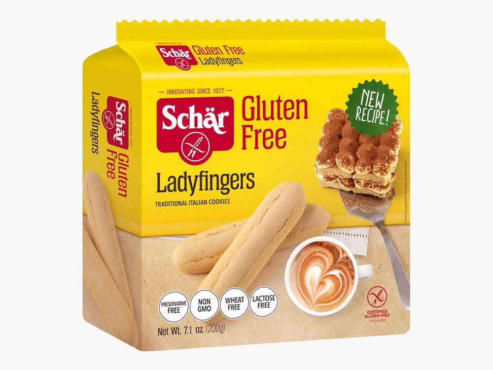 Schar Lady Fingers ingredients gluten-free banner emphasizes wheat-free qualities.