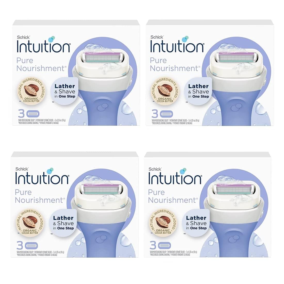 Schick Intuition Pure Nourishment moisturizing bar with cocoa butter softens skin during shave.