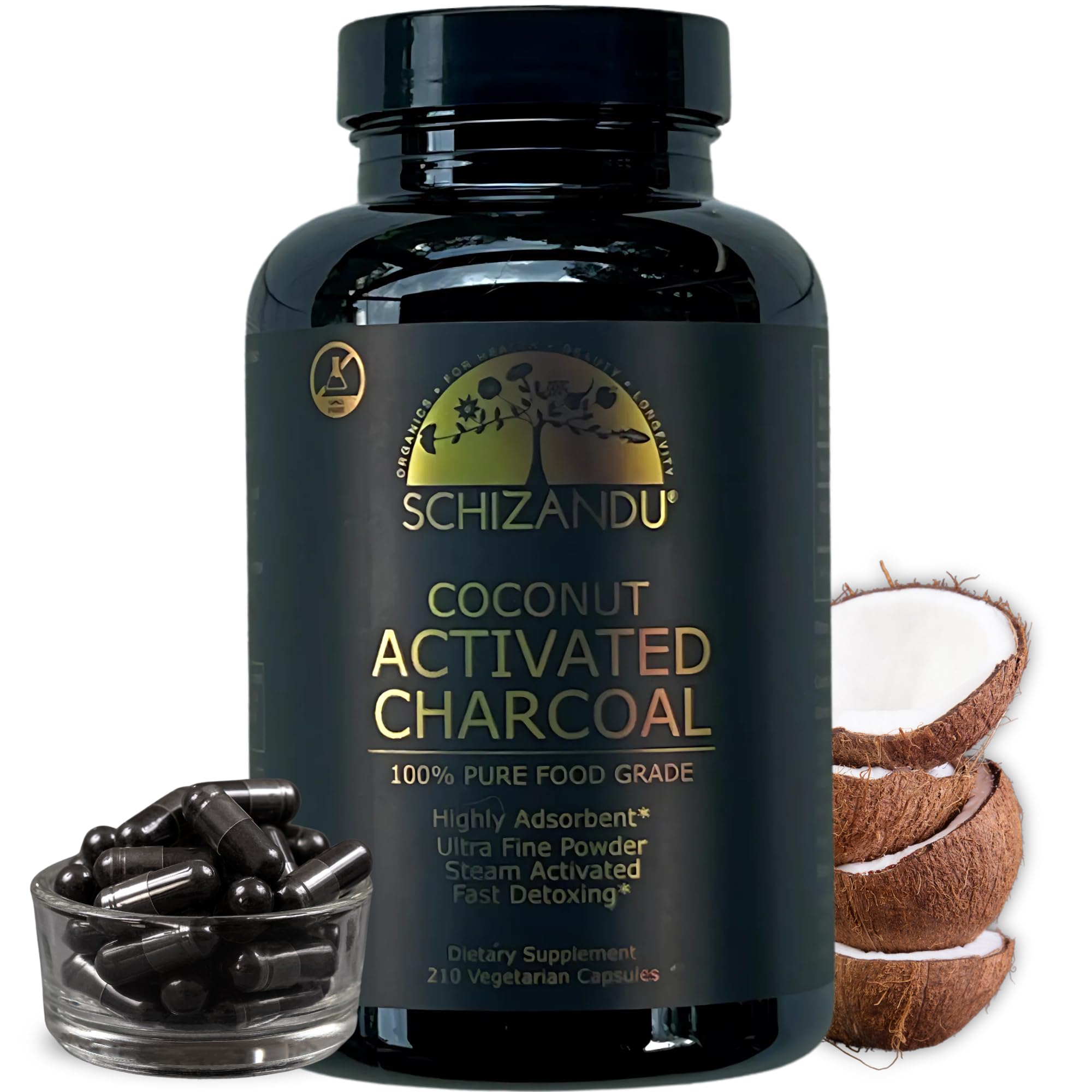 Schizandu activated coconut charcoal capsules bottle on counter for daily wellness