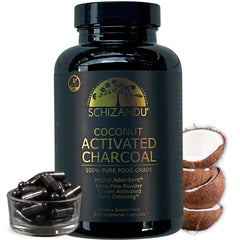 Schizandu activated coconut charcoal capsules bottle on counter for daily wellness