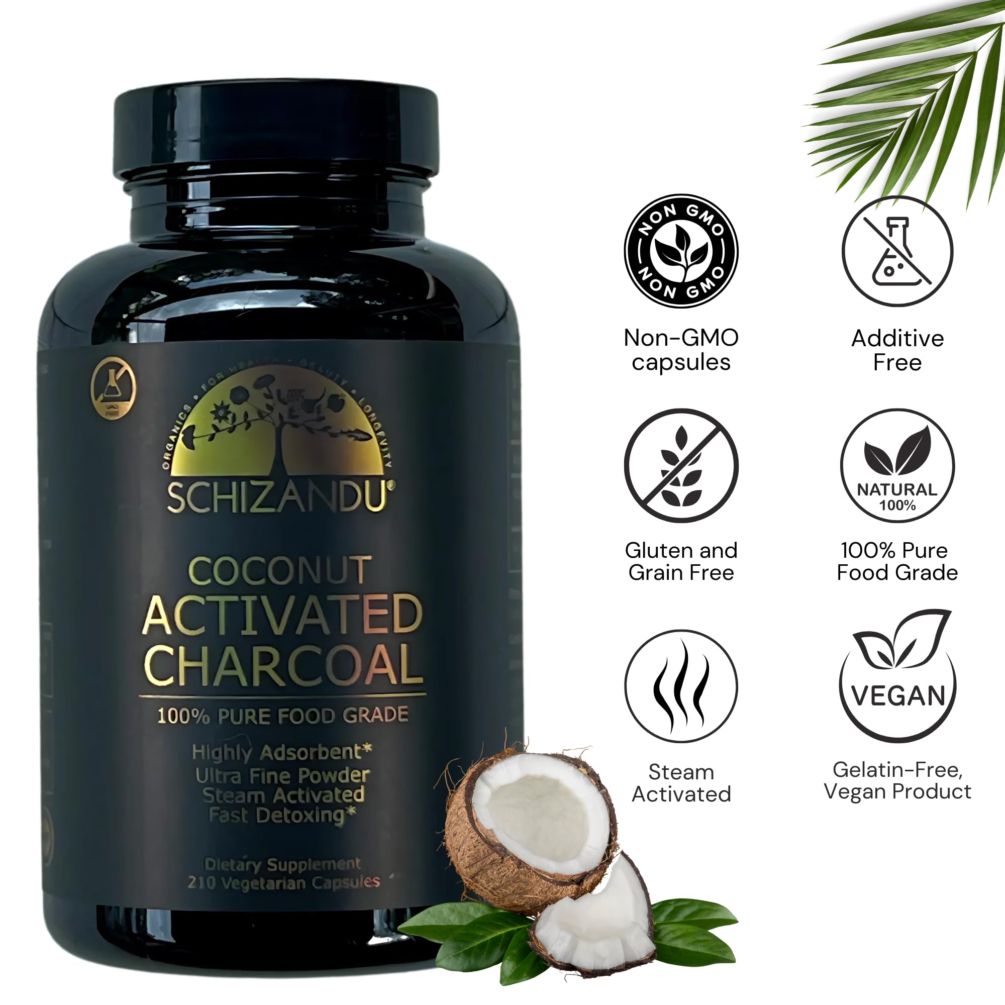 Schizandu organic activated coconut charcoal capsules close-up showing vegan packaging