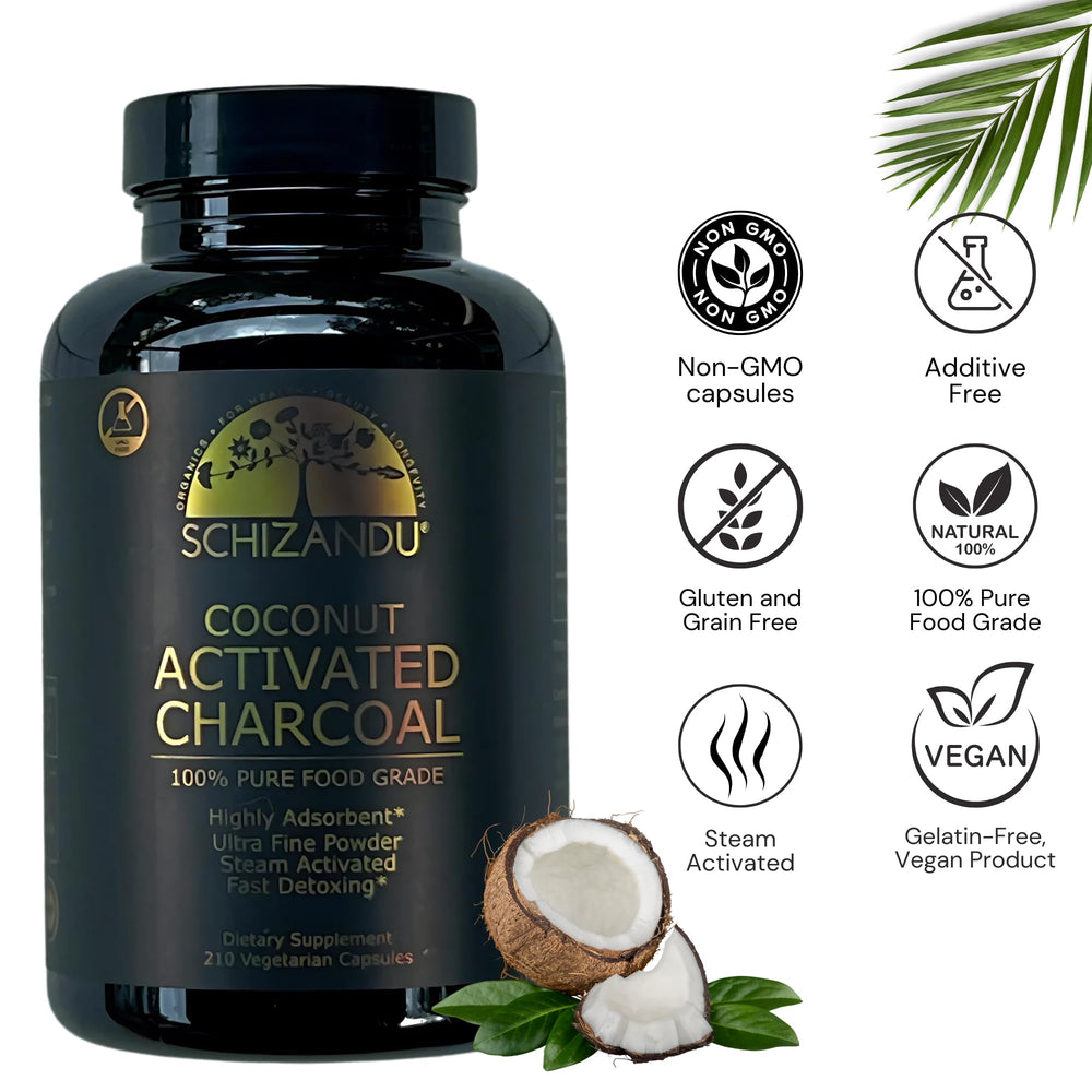 Schizandu organic activated coconut charcoal capsules close-up showing vegan packaging