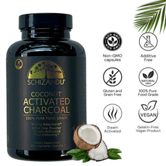 Schizandu organic activated coconut charcoal capsules close-up showing vegan packaging