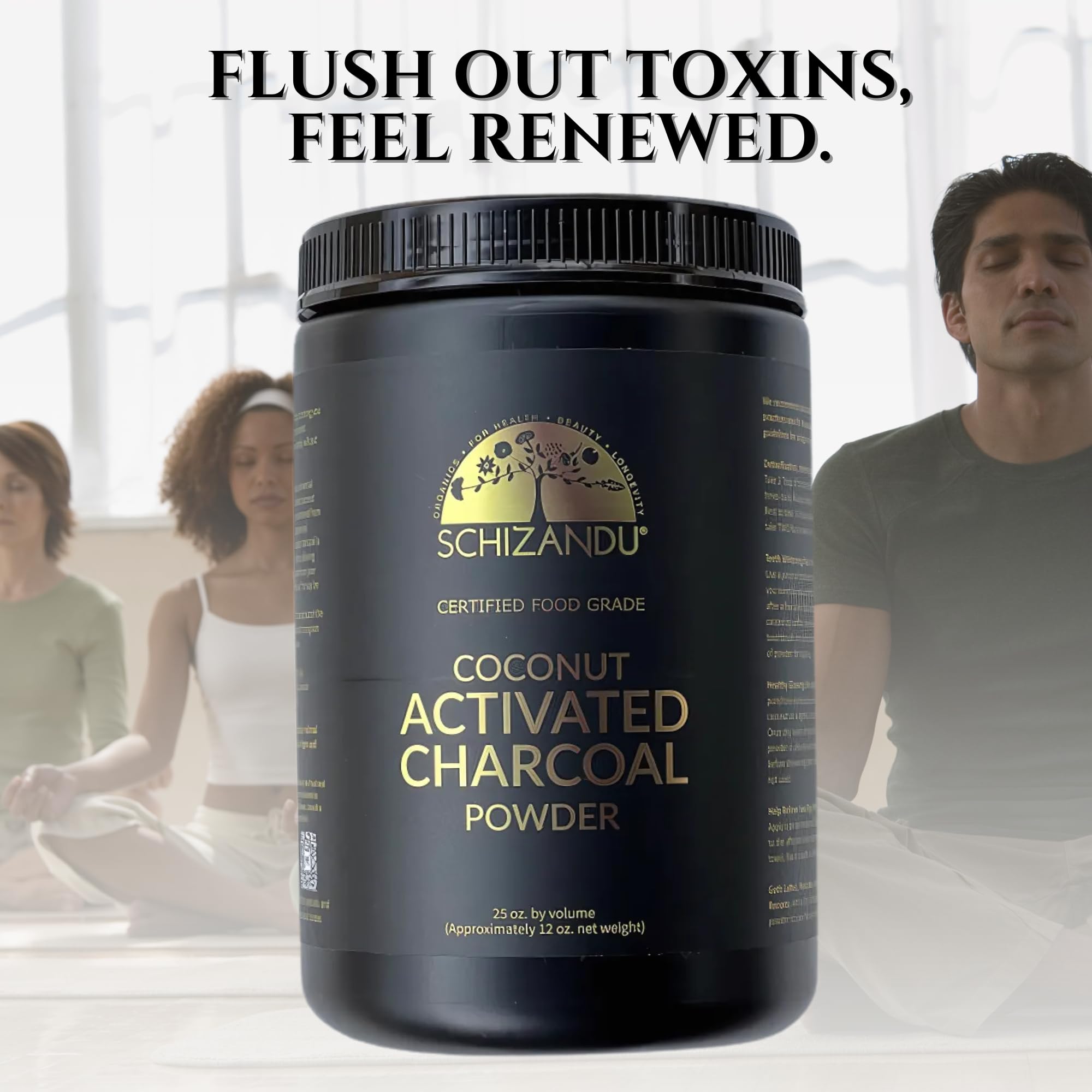 Schizandu Organic Charcoal Powder packaging back, details organic and vegan attributes
