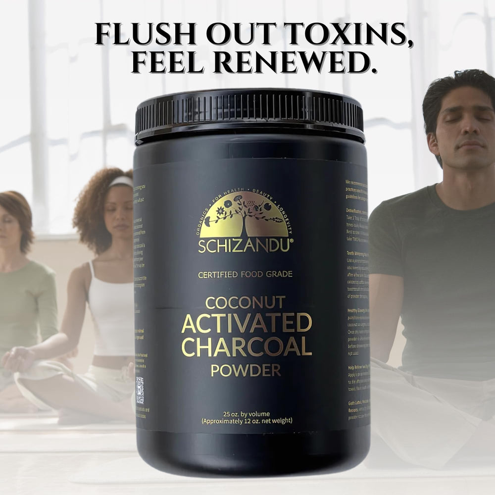 Schizandu Organic Charcoal Powder packaging back, details organic and vegan attributes