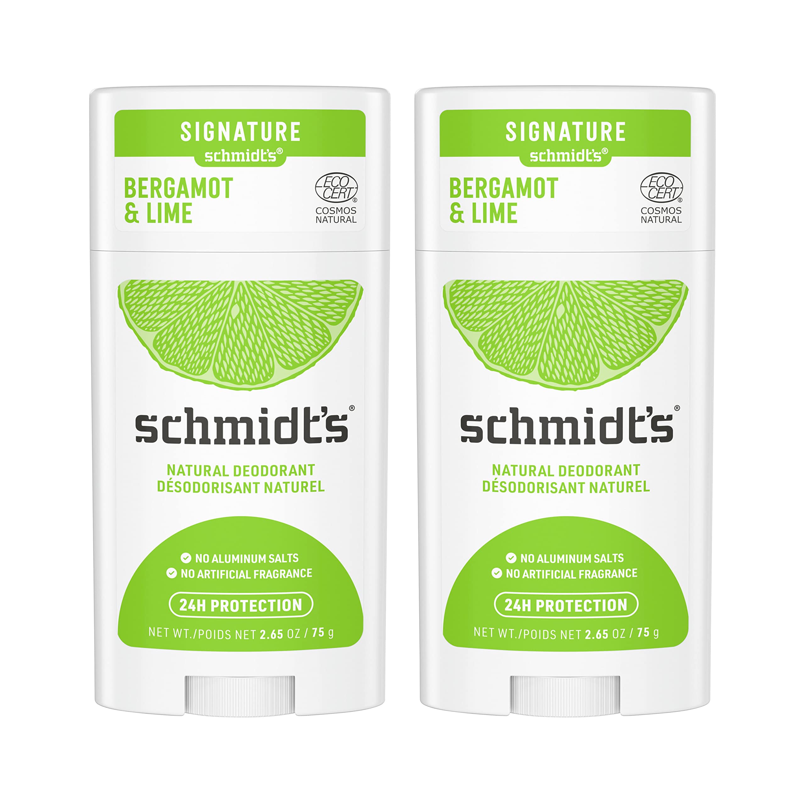 Schmidt's Bergamot & Lime packaging shows aluminum-free natural deodorant.