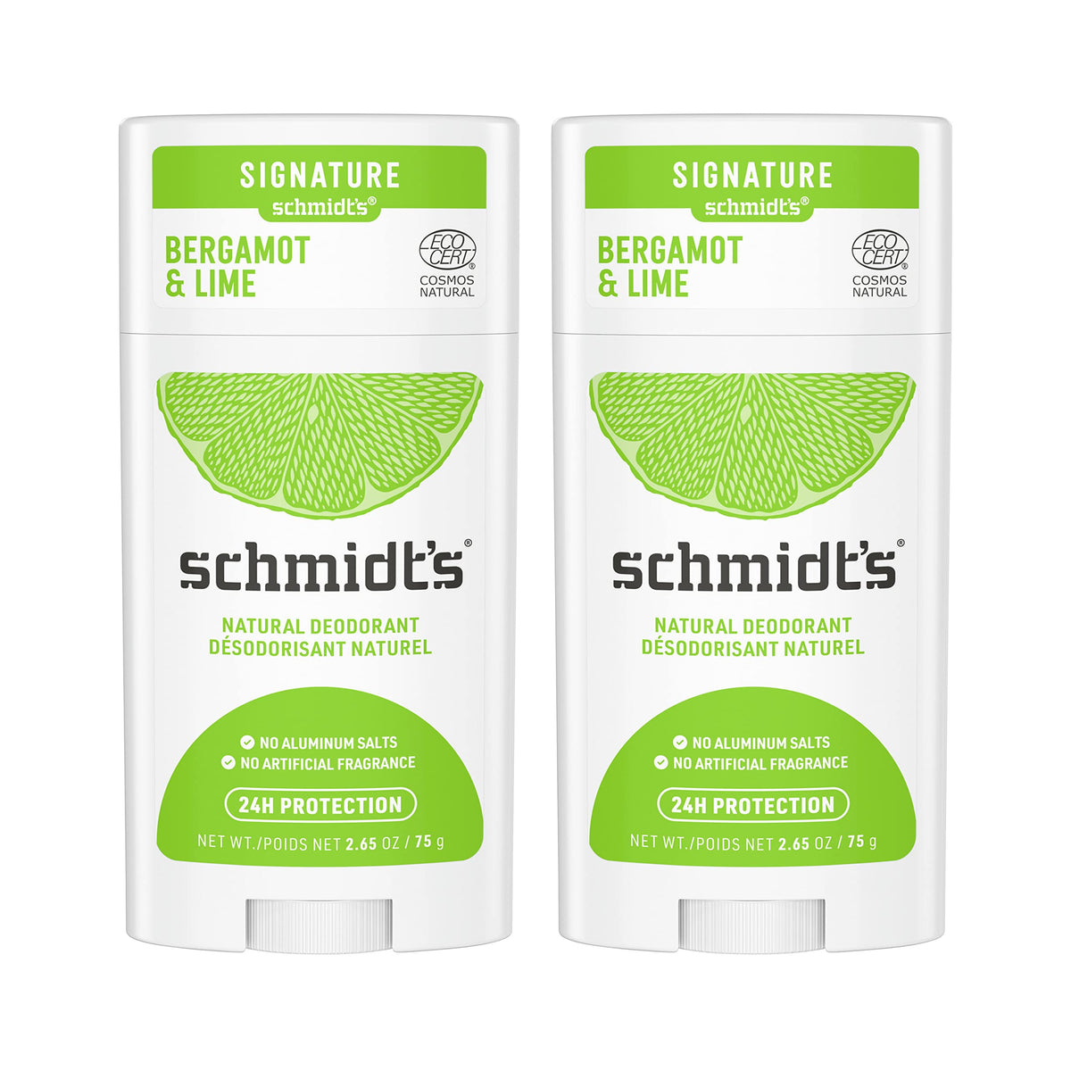 Schmidt's Bergamot & Lime packaging shows aluminum-free natural deodorant.