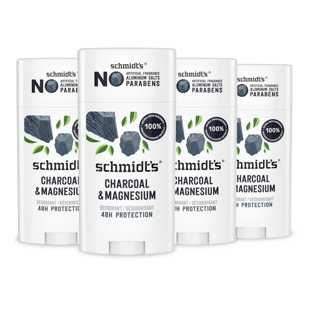 Schmidt's Charcoal Magnesium deodorant 4-count front view shows aluminum-free formula.
