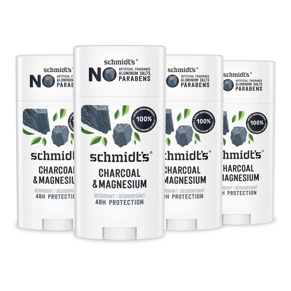 Schmidt's Charcoal Magnesium deodorant 4-count front view shows aluminum-free formula.