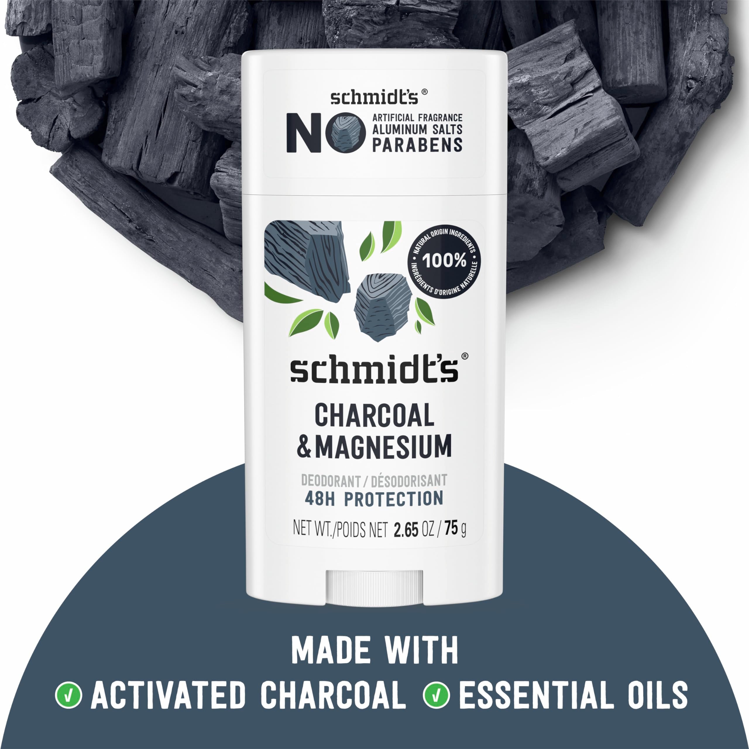 Schmidt's Charcoal Magnesium deodorant stick texture for smooth application.