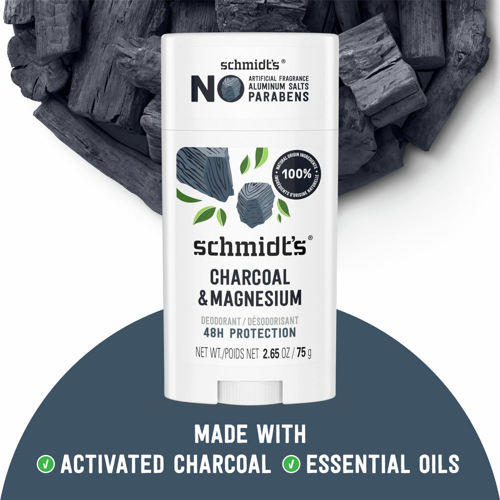 Schmidt's Charcoal Magnesium deodorant stick texture for smooth application.