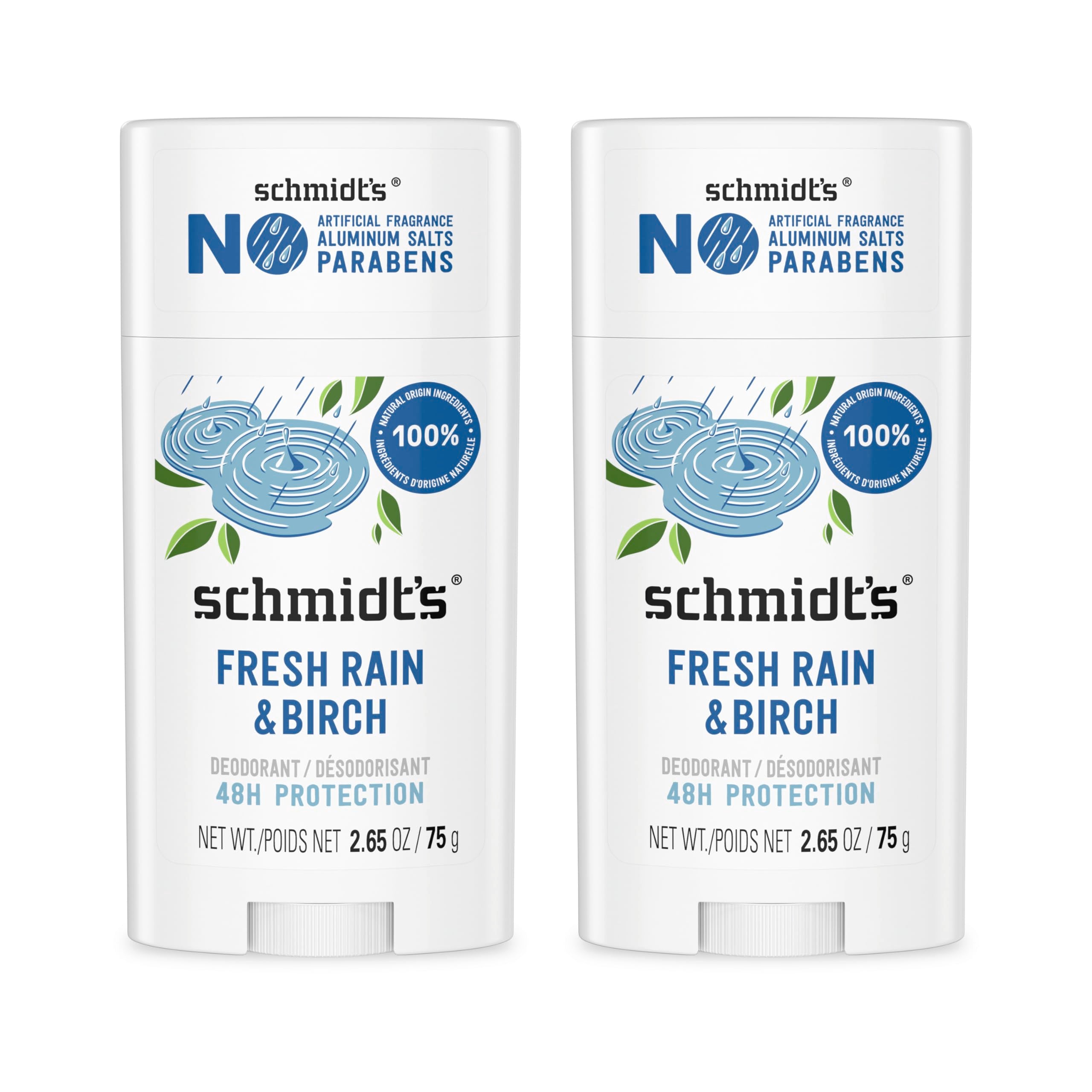 Schmidt's Fresh Rain & Birch deodorant cap showing aluminum-free protection for all-day freshness