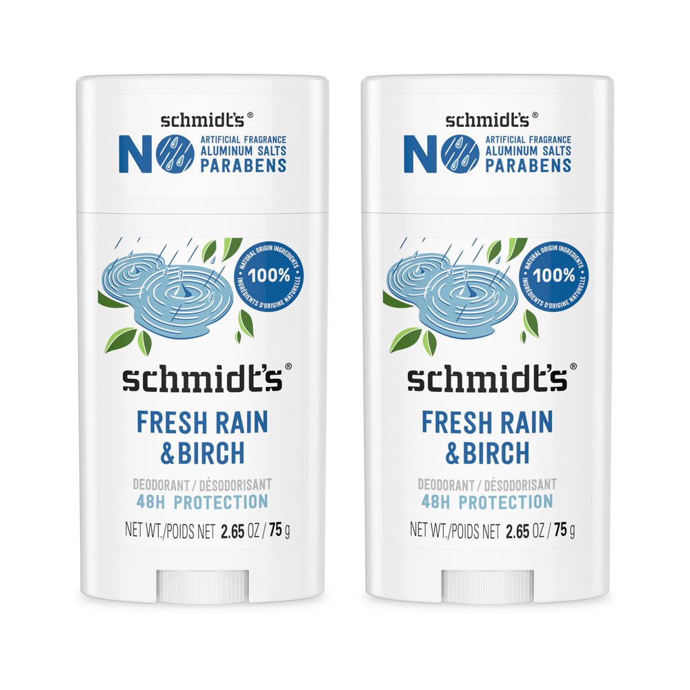 Schmidt's Fresh Rain & Birch deodorant cap showing aluminum-free protection for all-day freshness