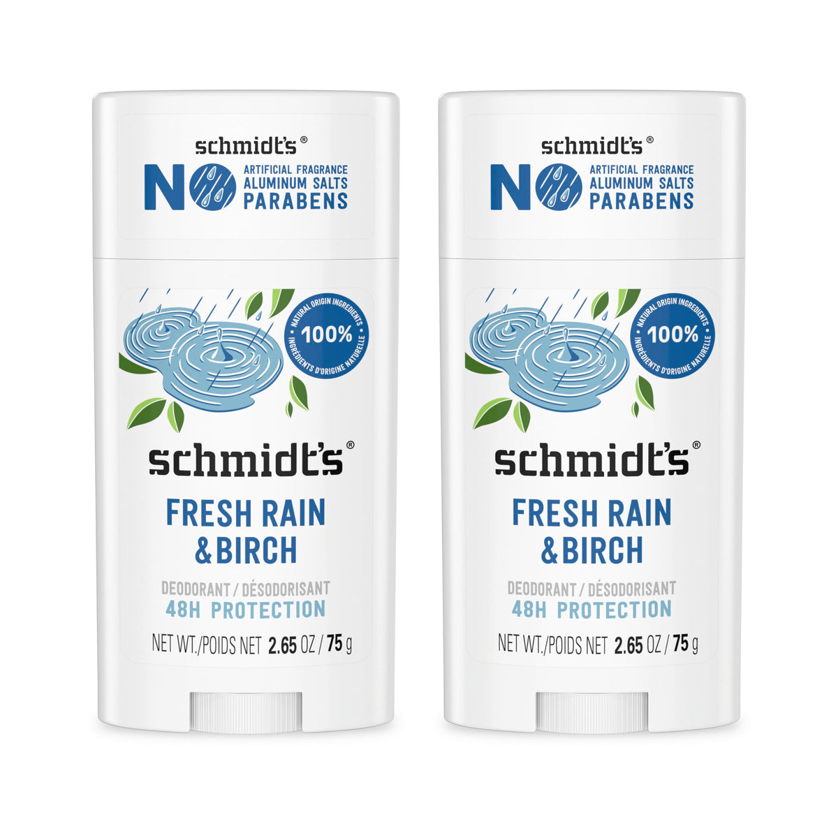 Schmidt's Fresh Rain & Birch deodorant cap showing aluminum-free protection for all-day freshness
