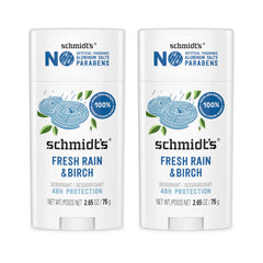 Schmidt's Fresh Rain & Birch deodorant cap showing aluminum-free protection for all-day freshness