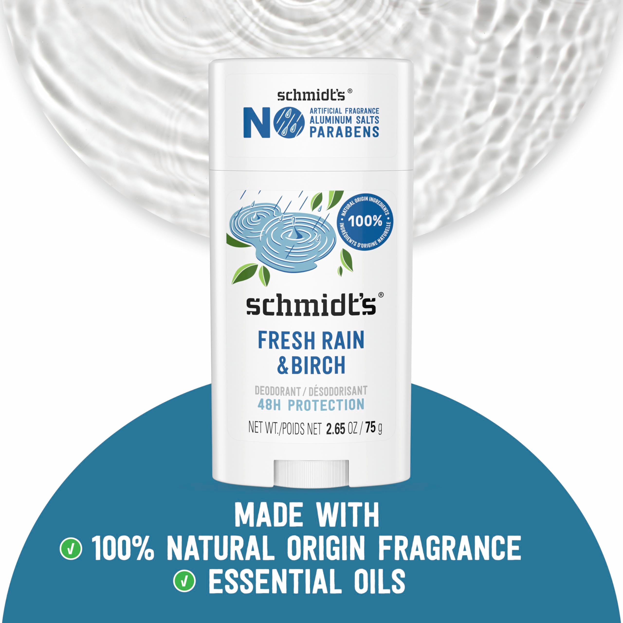 Schmidt's Fresh Rain & Birch deodorant stick body with natural ingredients