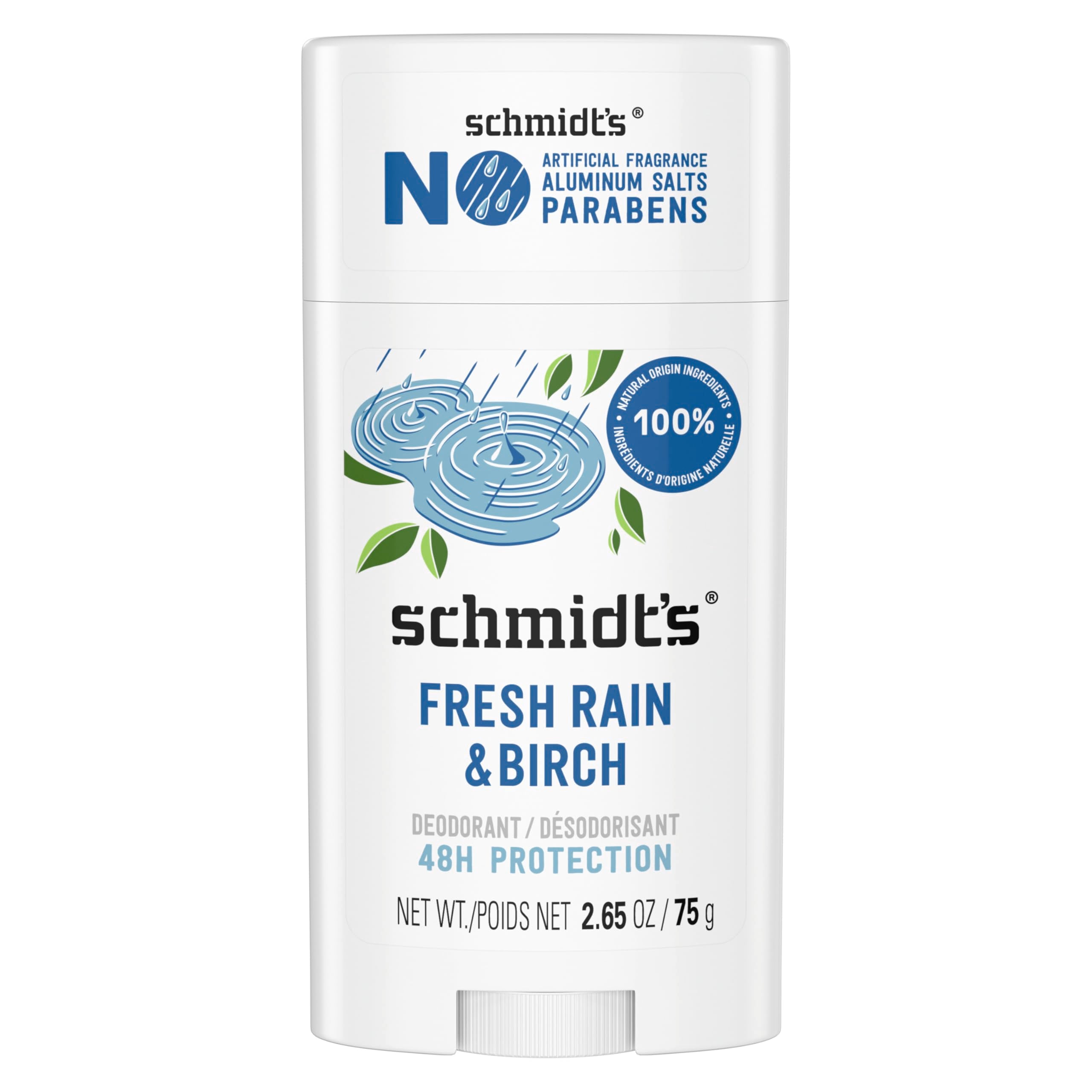 Schmidt's Fresh Rain & Birch deodorant stick for aluminum-free, all-day odor protection.