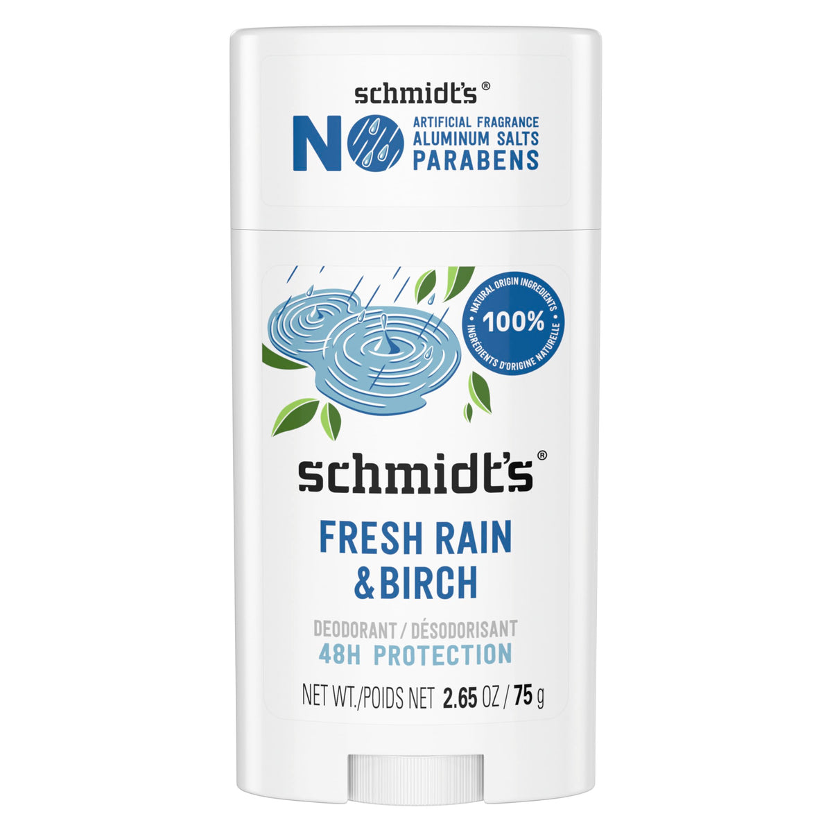 Schmidt's Fresh Rain & Birch deodorant stick for aluminum-free, all-day odor protection.
