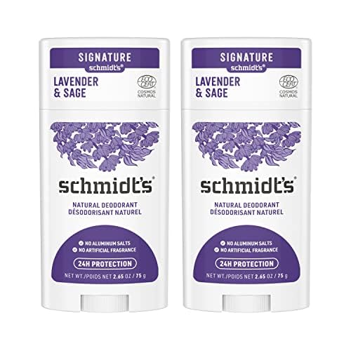 Schmidt's Lavender & Sage aluminum-free deodorant bottle with 24-hour odor protection.