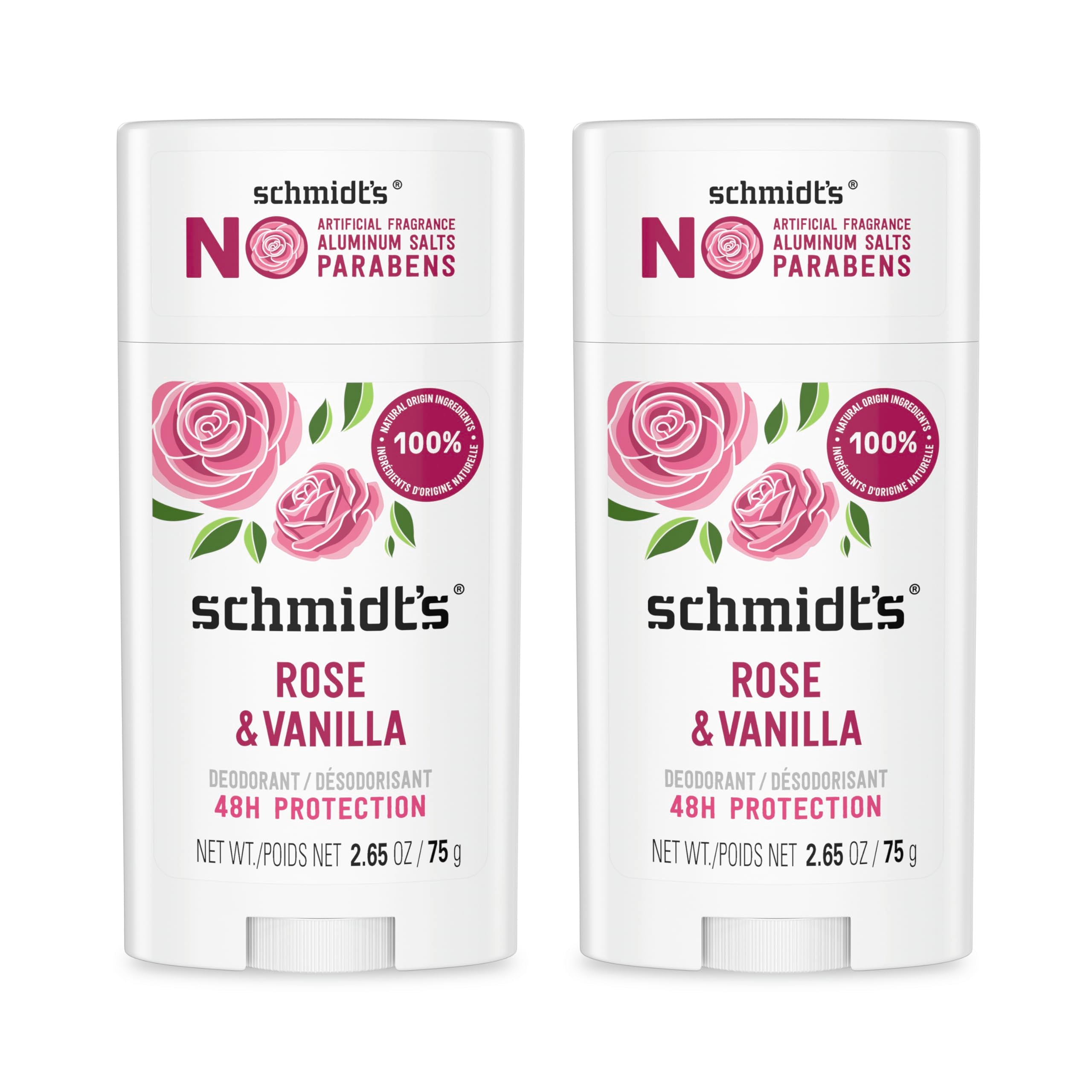 Schmidt's Rose & Vanilla packaging highlights aluminum-free formula for all-day freshness.