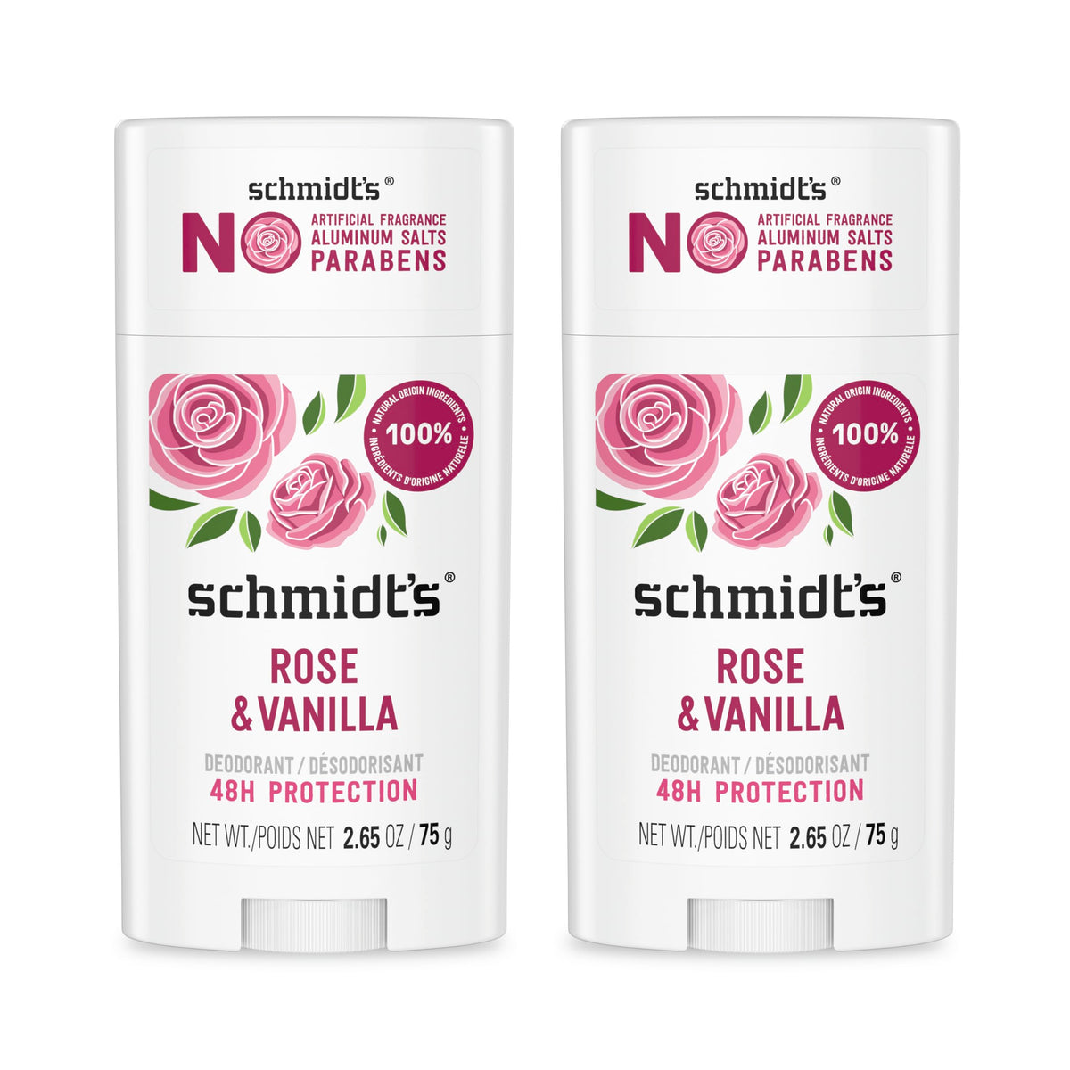 Schmidt's Rose & Vanilla packaging highlights aluminum-free formula for all-day freshness.