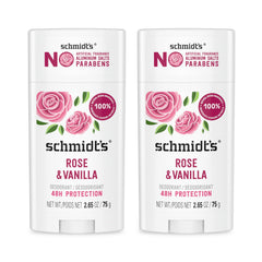 Schmidt's Rose & Vanilla packaging highlights aluminum-free formula for all-day freshness.
