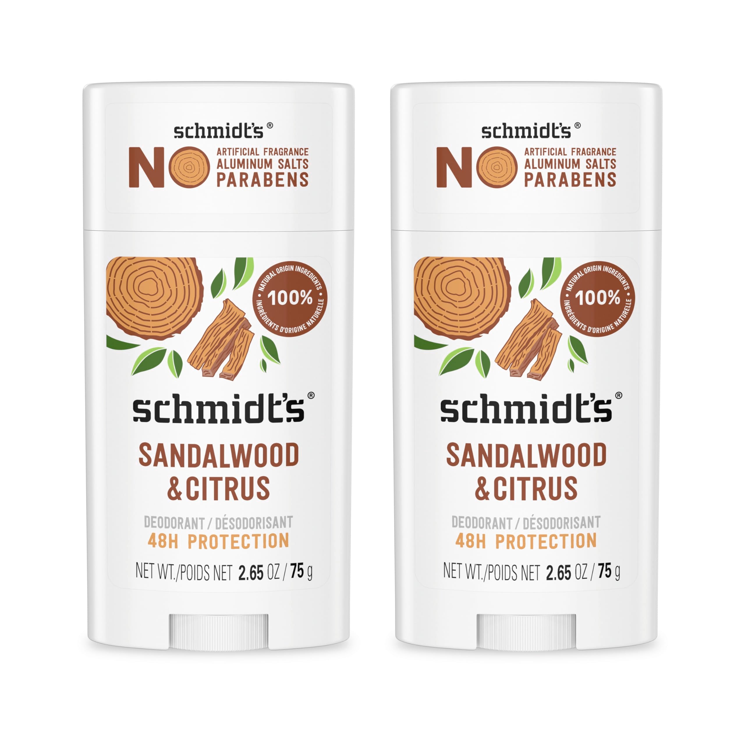 Schmidt's Sandalwood & Citrus deodorant stick in packaging, aluminum-free protection.