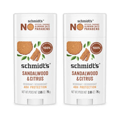 Schmidt's Sandalwood & Citrus deodorant stick in packaging, aluminum-free protection.