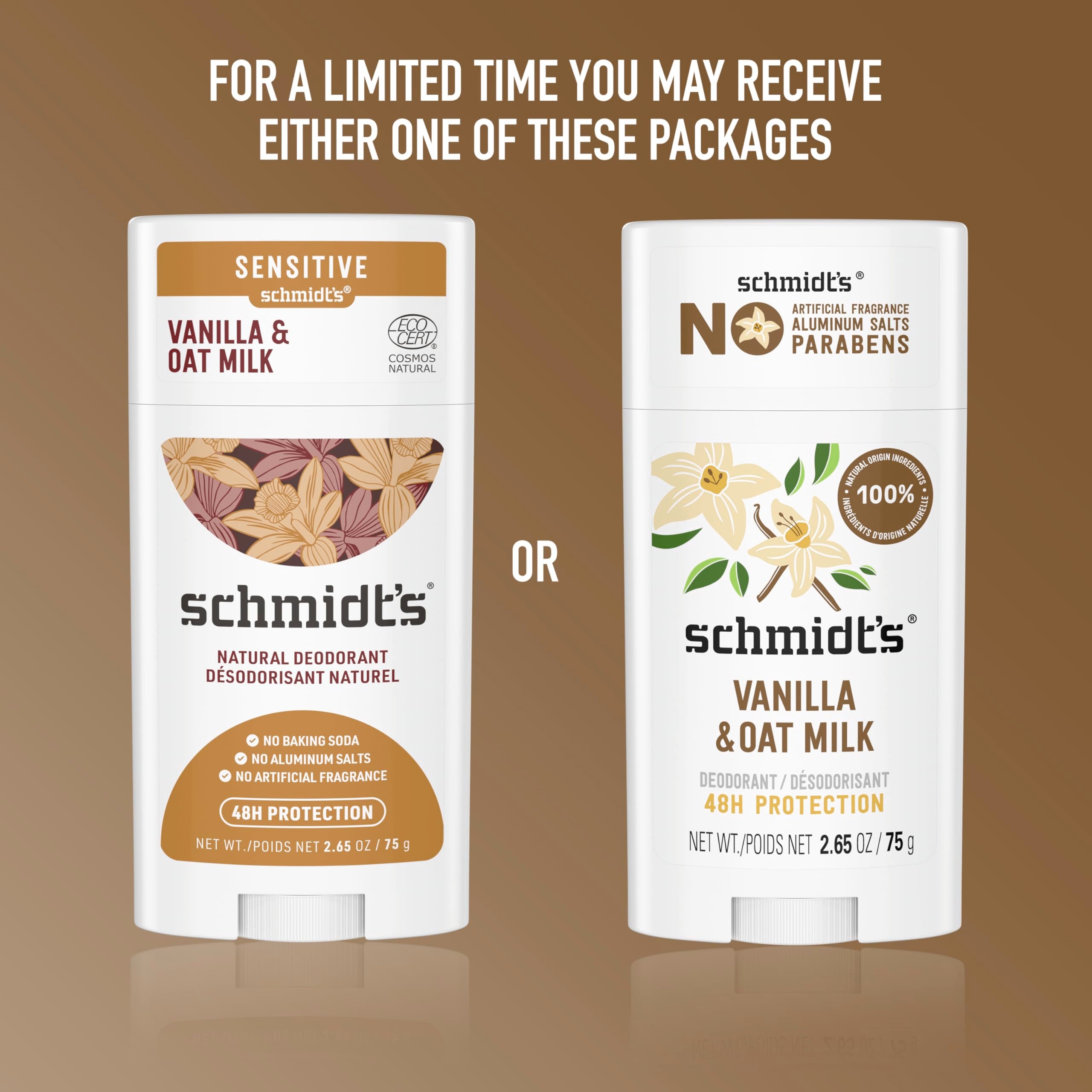 Schmidt's Vanilla & Oat Milk deodorant ingredients panel highlighting magnesium and plant oils
