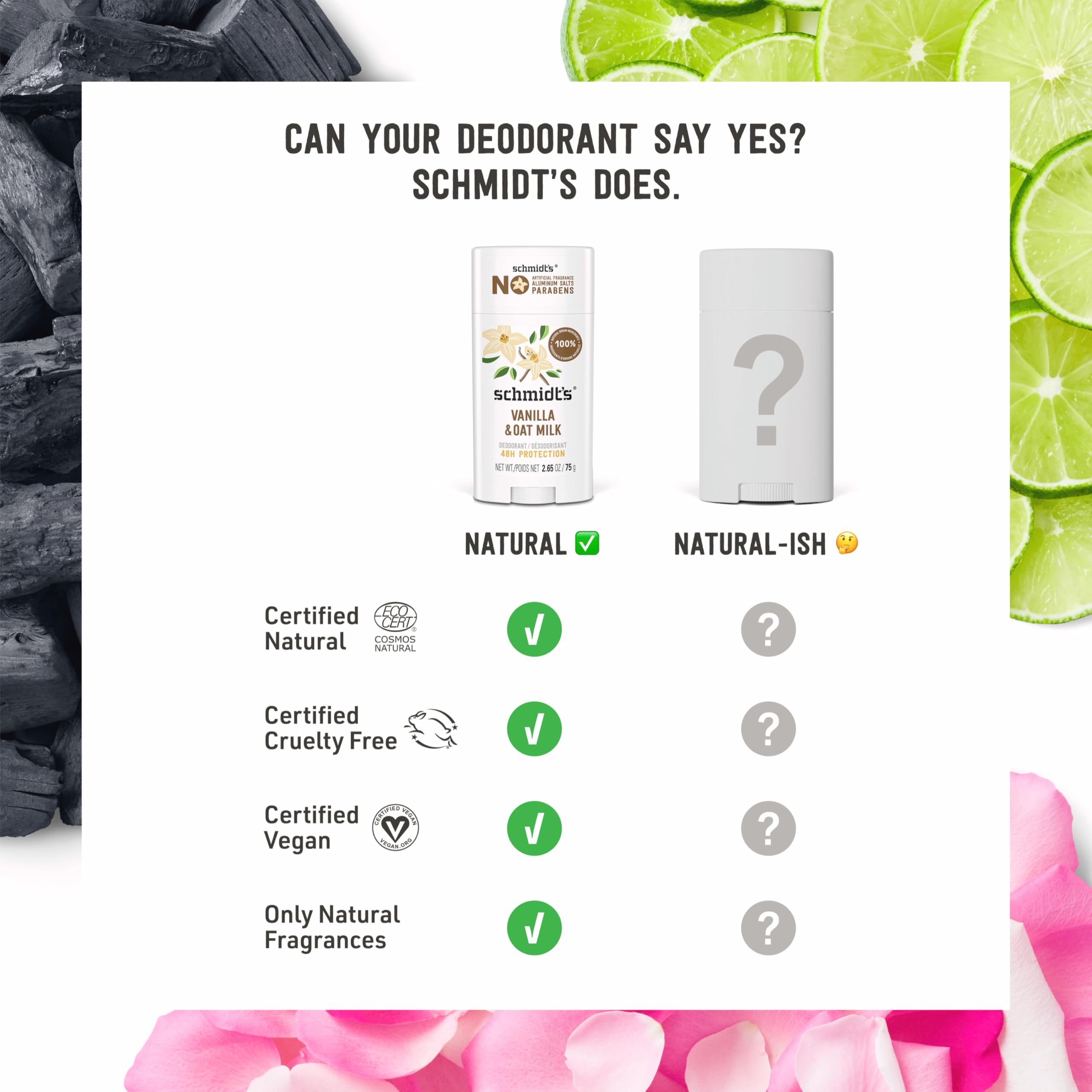 Schmidt's Vanilla & Oat Milk packaging front showing vegan and cruelty-free badges