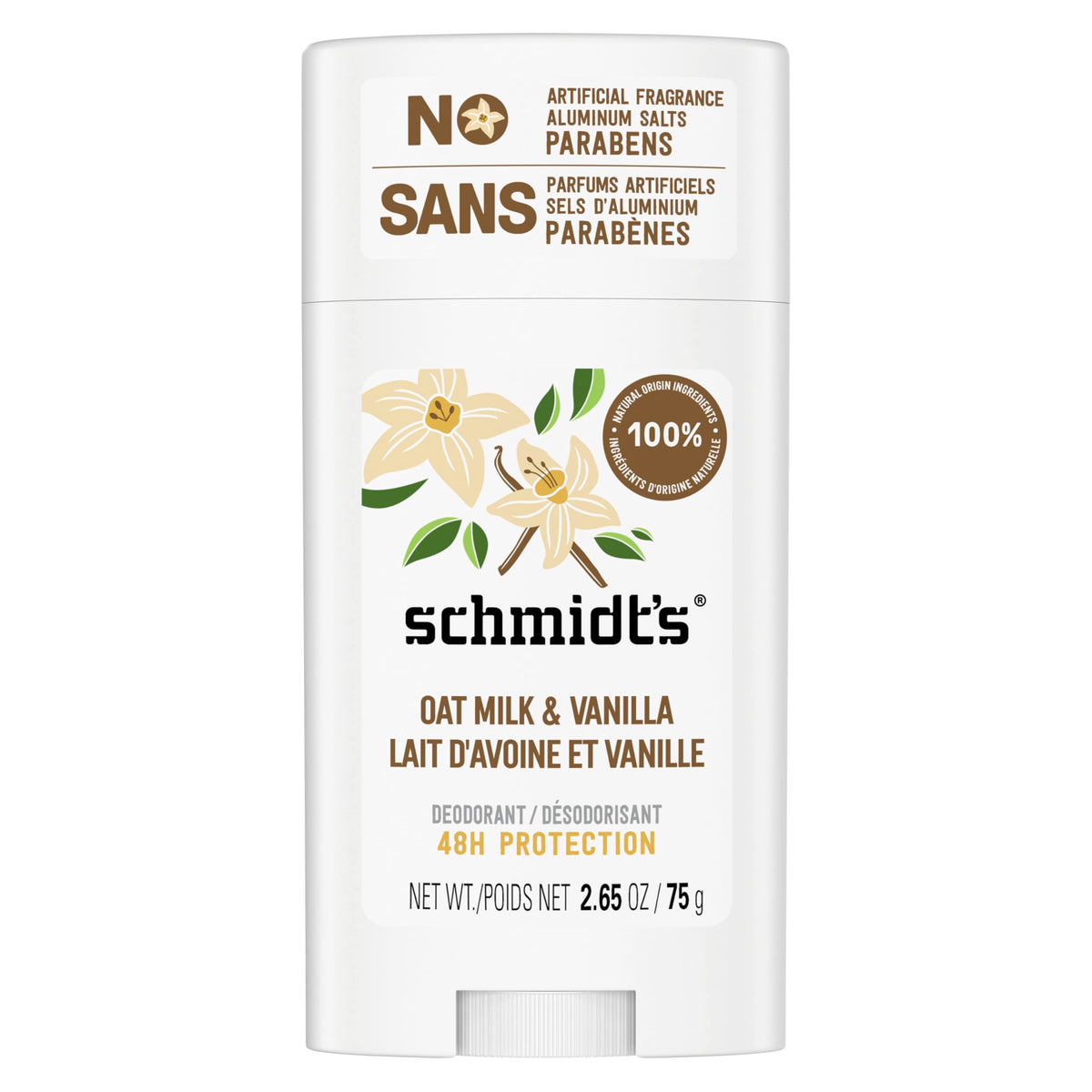 Schmidt's Vanilla & Oat Milk deodorant stick with natural ingredients and 24-hour protection