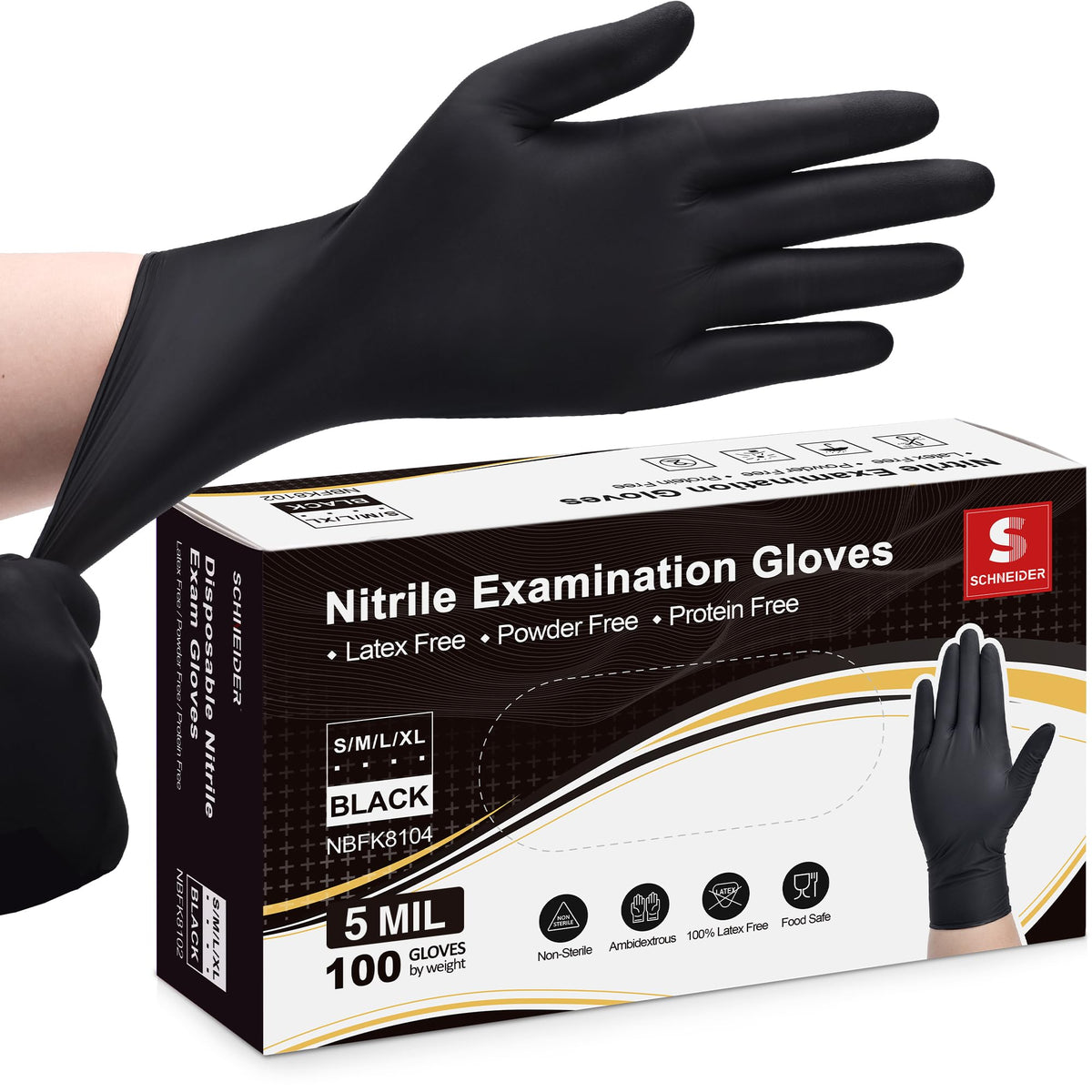 Schneider Black nitrile exam gloves in medium for medical and prep use