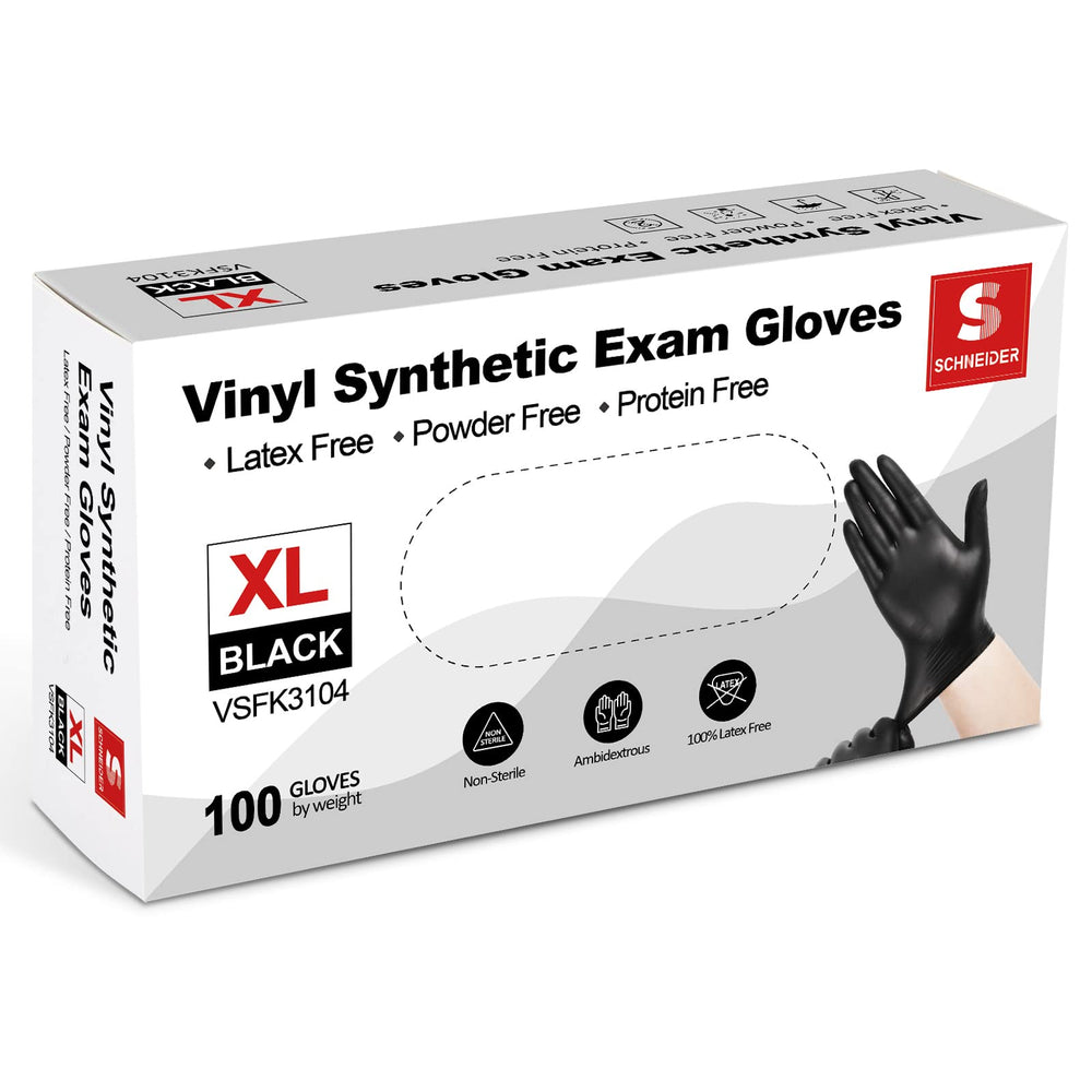 Schneider black vinyl gloves box side view, indicating size and quantity.