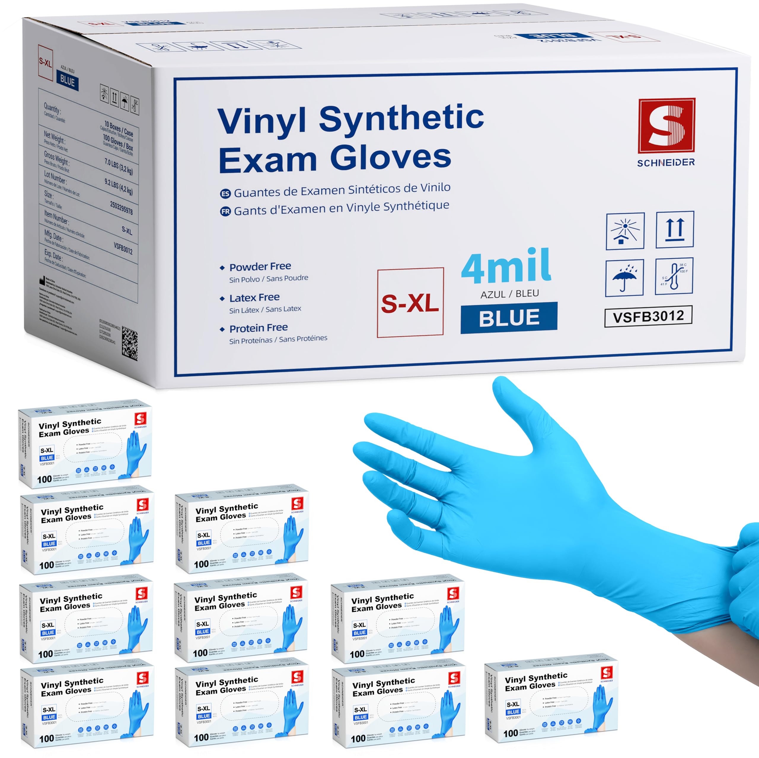 Schneider blue vinyl gloves box view showing packaging and visibility.