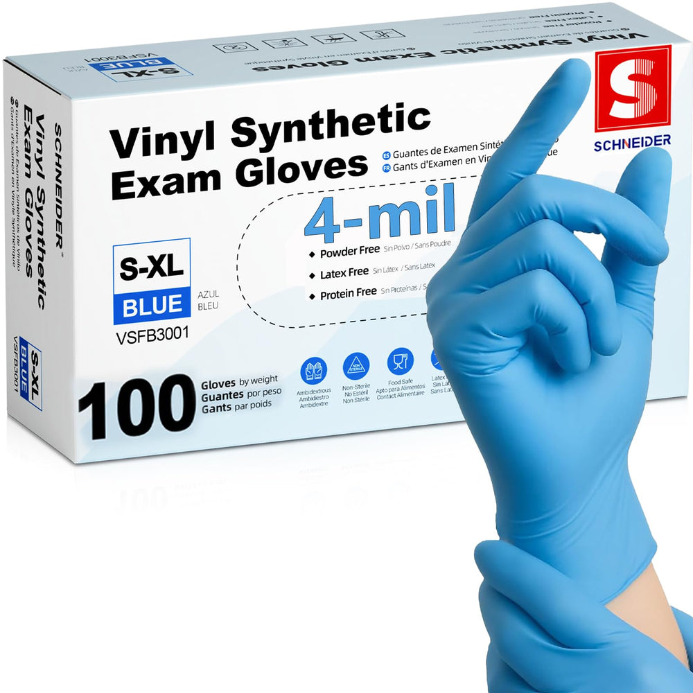 Schneider blue vinyl exam gloves in a 100-count box for easy restocking.