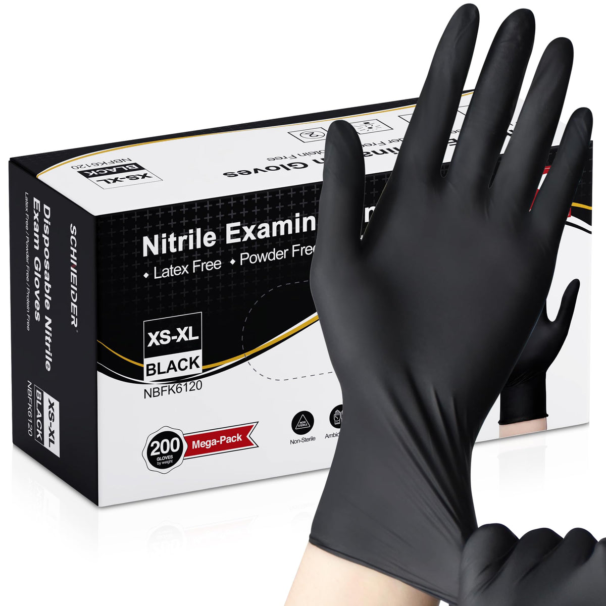 Schneider nitrile gloves in black pack front for quick identification and selection