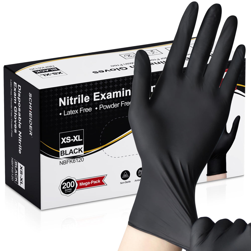 Schneider nitrile gloves with black palm provide secure grip during medical exams.