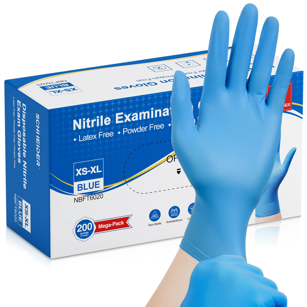 Schneider nitrile exam gloves blue box front for everyday safety