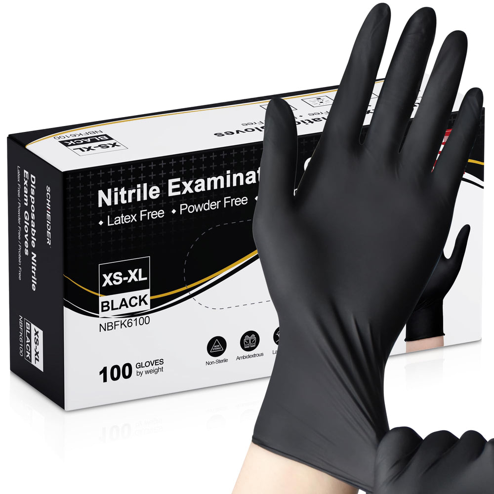 Schneider nitrile exam gloves box open, latex-free protection for medical exams and kitchen tasks.