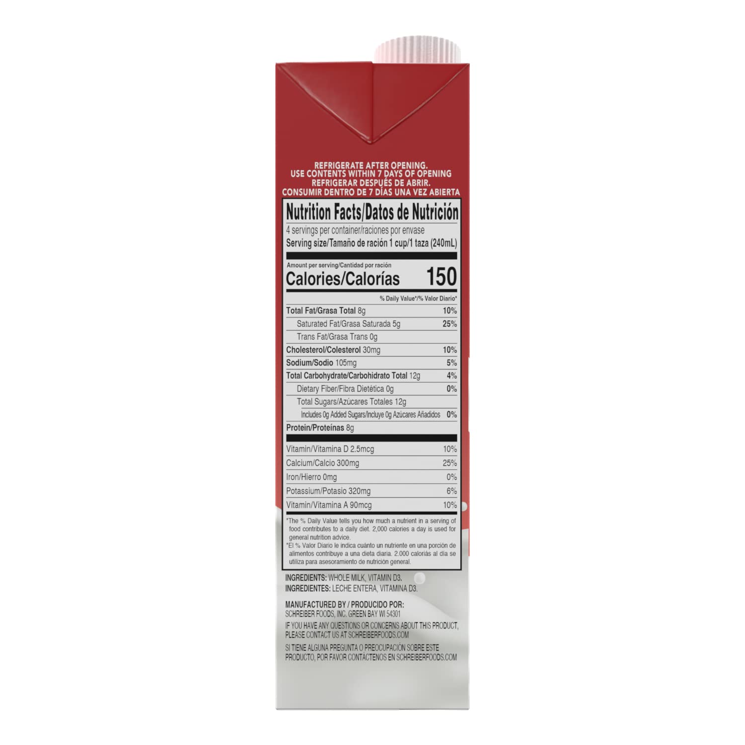 Schreiber Whole Milk 32oz cartons ready for quick pours in coffee or cereal.