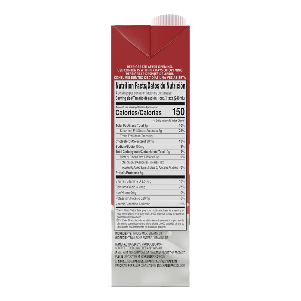 Schreiber Whole Milk 32oz cartons ready for quick pours in coffee or cereal.