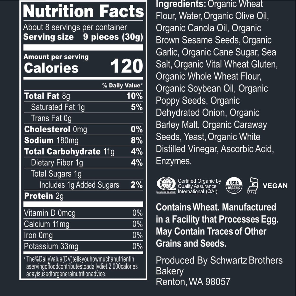 Schwartz Brothers Bakery organic bagel chips in view, a vegan, plant-based snack option.