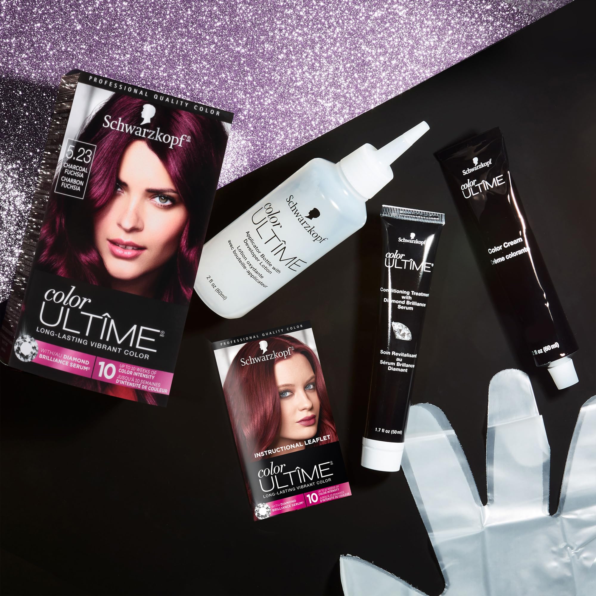Schwarzkopf Color Ultime Charcoal Fuchsia gloves protect hands during coloring.