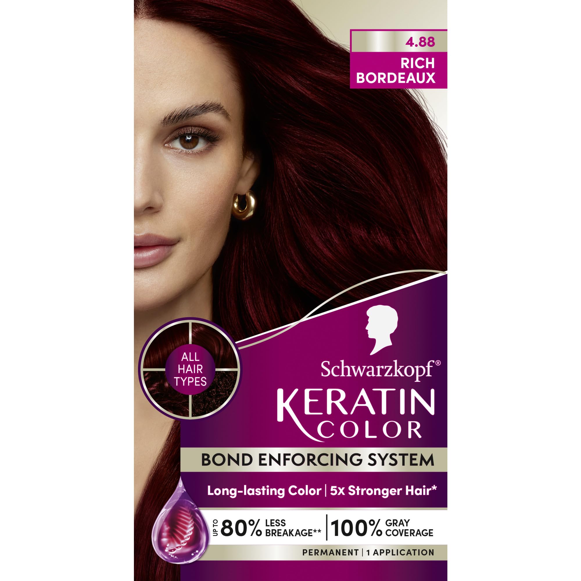 Schwarzkopf Keratin Color bottle highlights Rich Bordeaux shade for vibrant at-home color.