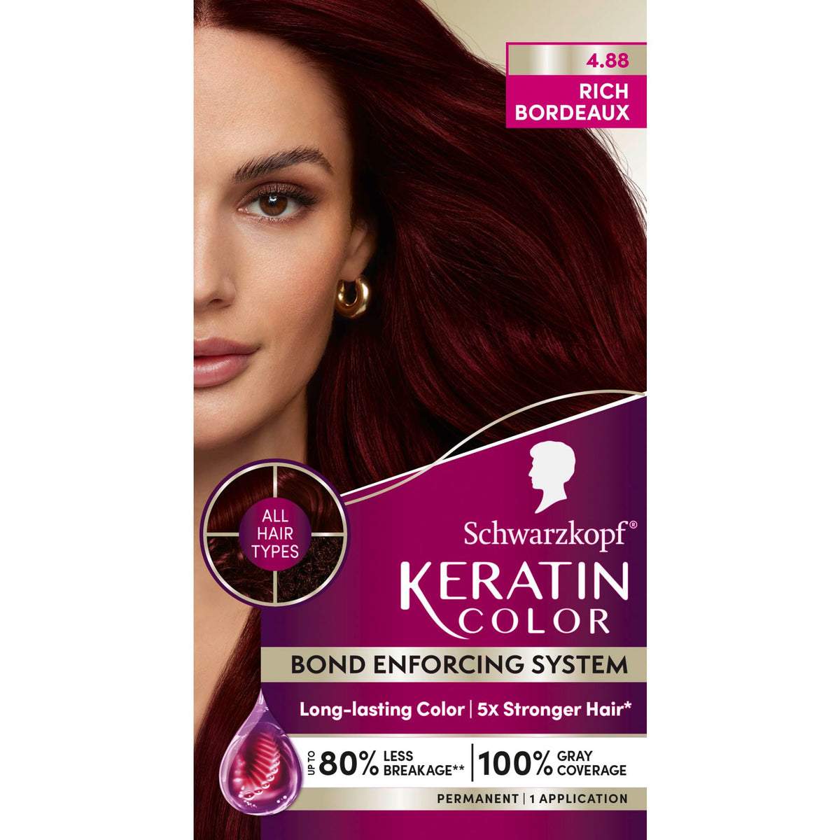 Schwarzkopf Keratin Color bottle highlights Rich Bordeaux shade for vibrant at-home color.