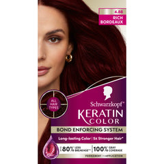 Schwarzkopf Keratin Color bottle highlights Rich Bordeaux shade for vibrant at-home color.