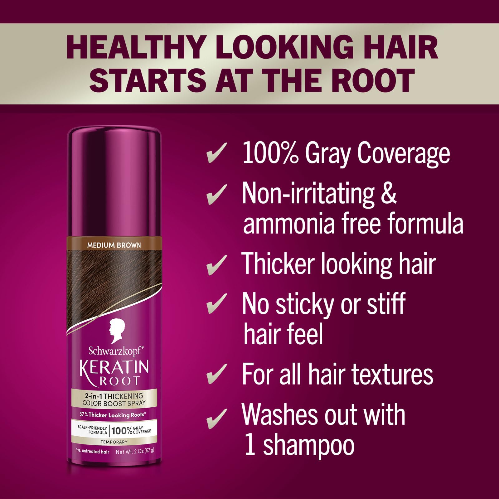 Schwarzkopf Keratin Color Root Spray applied to dry hair for seamless blend